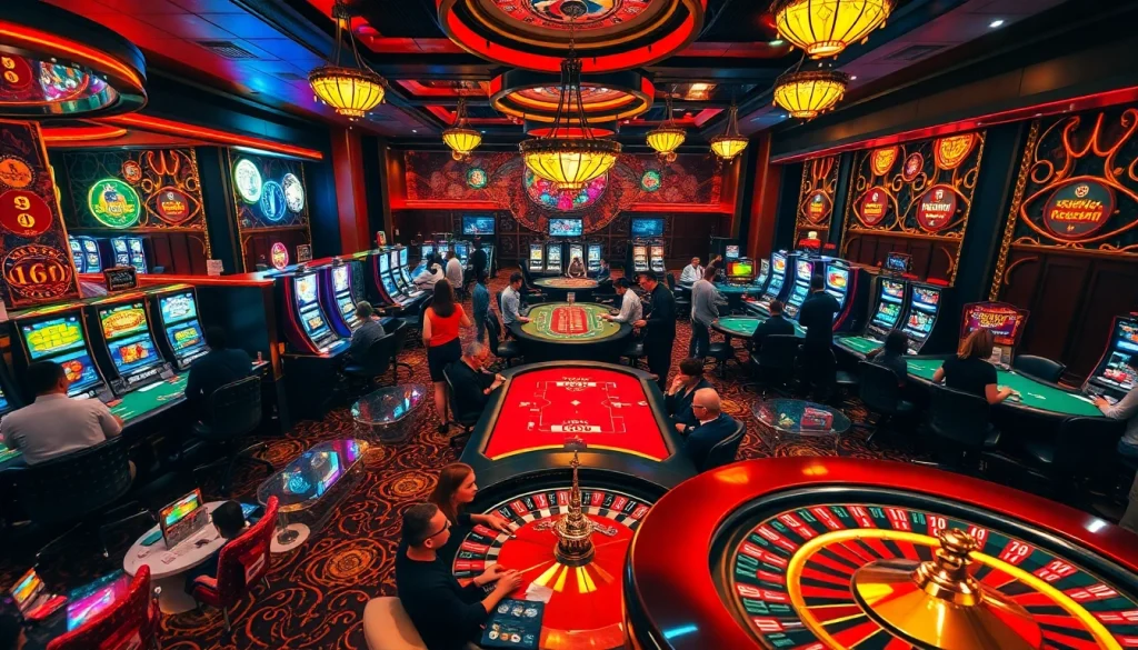 Experience the excitement of Phdream Casino with players at blackjack tables and colorful slot machines.