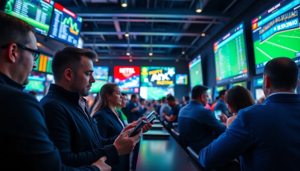 Gamblers placing bets at a lively sportsbook showcasing 22bet action and excitement.