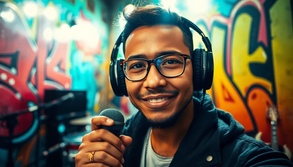 Experience the vibrant energy of Ok88 in an urban music scene with dynamic graffiti art.