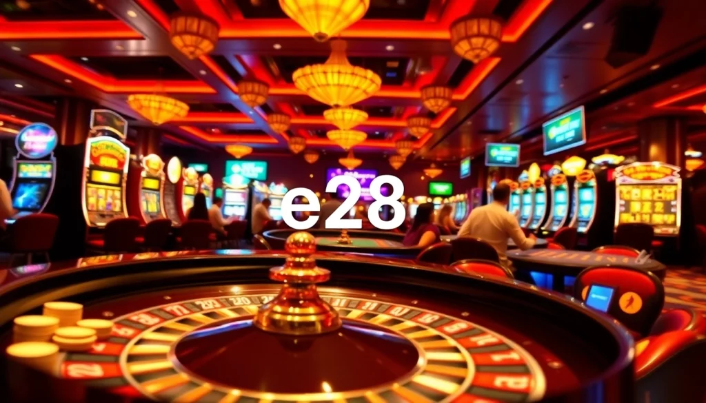 Players at a casino table strategizing for e28 wins, surrounded by vibrant slot machines.