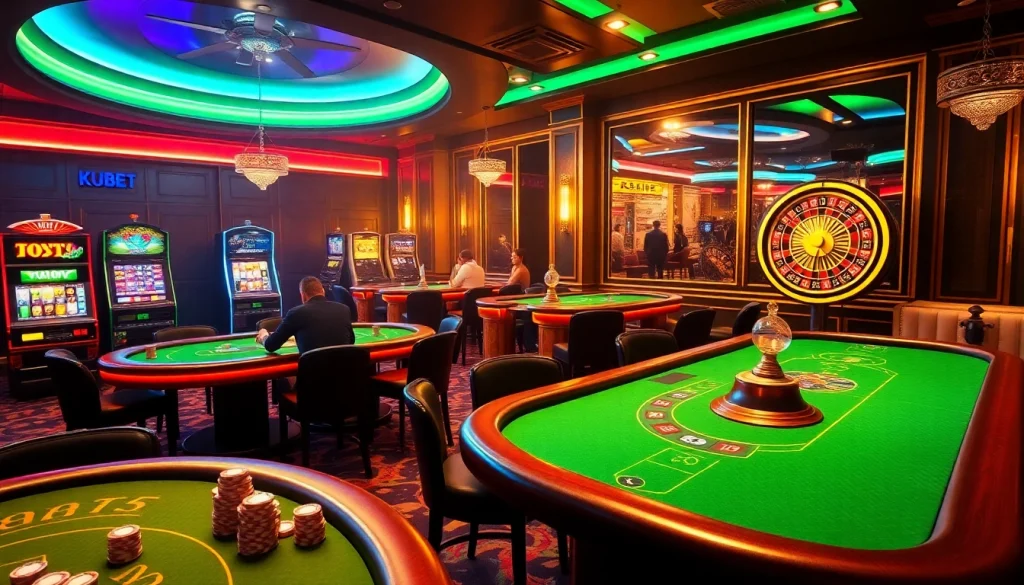 Exciting kubet casino experience with players at poker and baccarat tables.