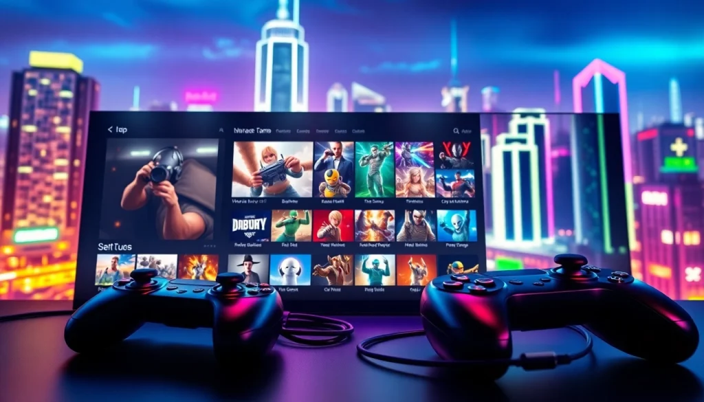 A vibrant gaming interface showcasing diverse options for awin68. com with a modern digital skyline.