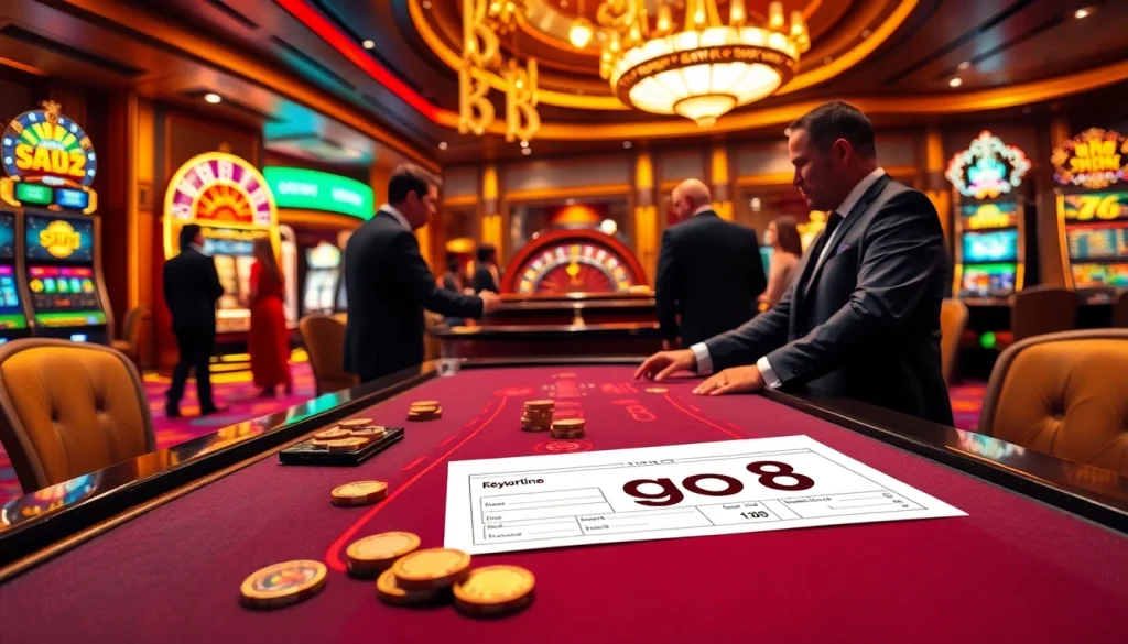 Experience the go8 buzz at a vibrant casino featuring dealers, spinning roulette wheels, and excited players.
