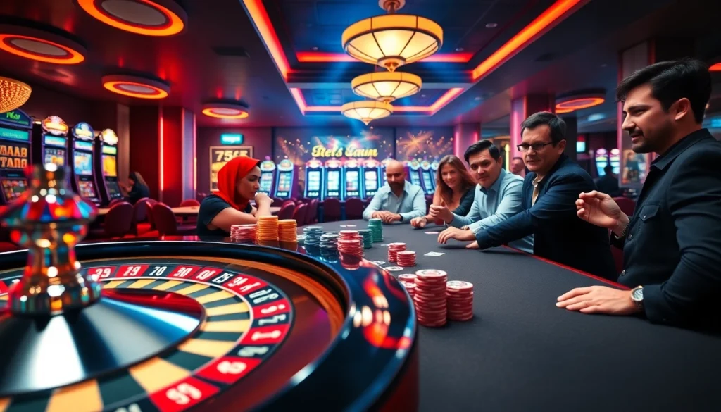 "Engaged players enjoying Texas Hold'em in a vibrant casino at https://789betthailan.com/ with colorful chips and a lively atmosphere."
