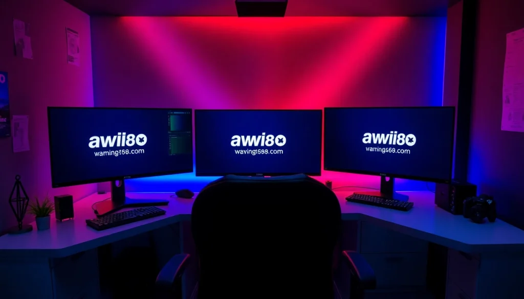 Showcase a professional gaming setup with the awin68. com logo, designed for optimal user engagement.