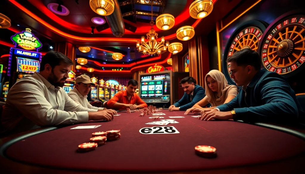 Experience the excitement of high-stakes poker at e28 with players deeply engaged and vibrant casino lights illuminating the scene.