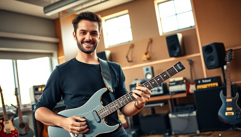Guitarist demonstrating the features of the VG99 guitar modeling system in a studio.
