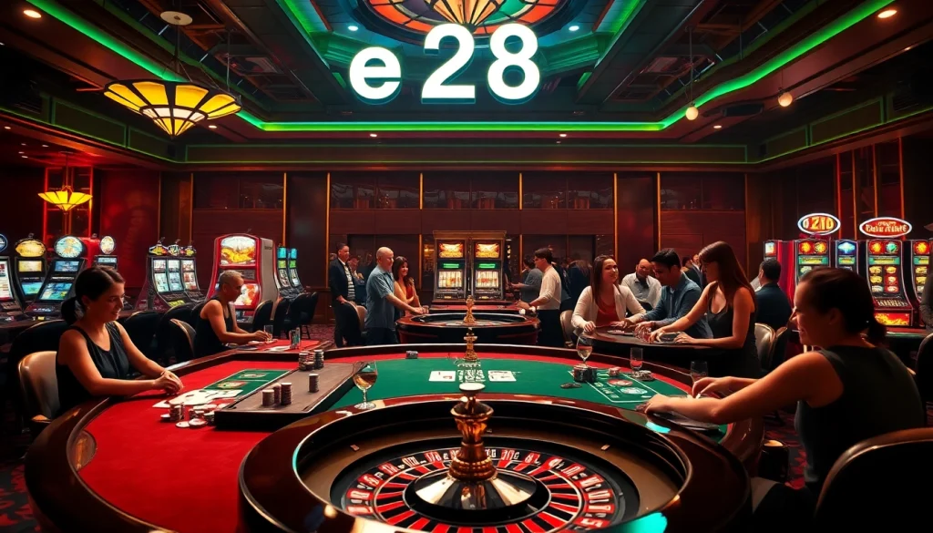 Experience the thrill of e28 at a bustling casino filled with poker games, roulette wheels, and vibrant slot machines.