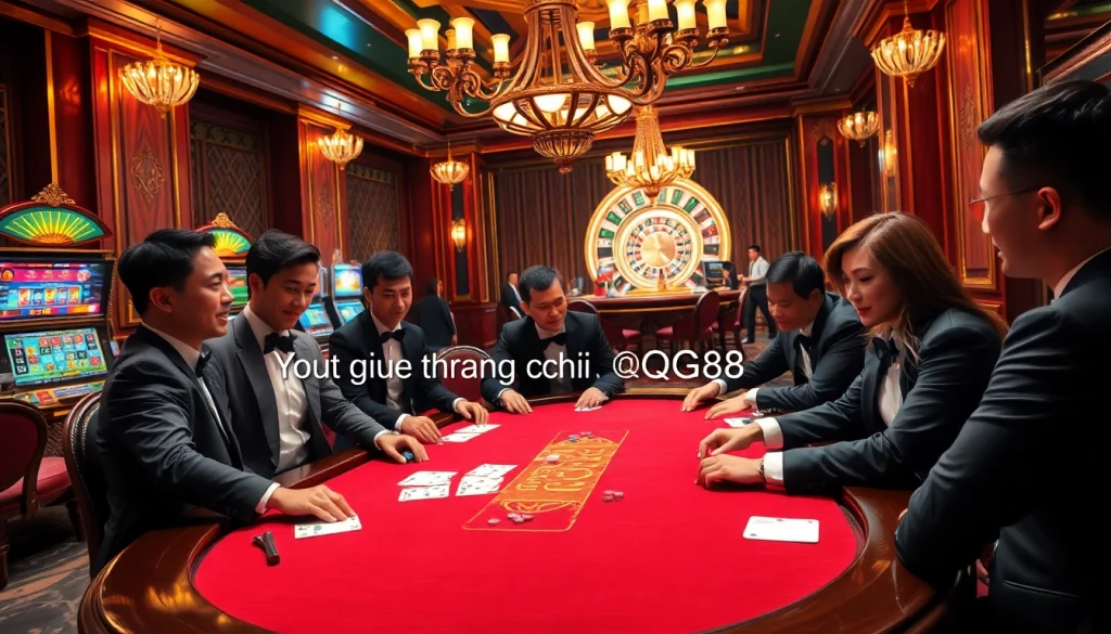 Vibrant casino scene showcasing players at a poker table, embodying excitement with the essence of trang chủ qq88 emphasized through luxurious gameplay.