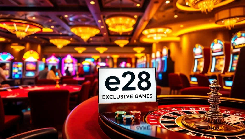 E28 Exclusive Games at a vibrant casino featuring intense poker action and roulette excitement.