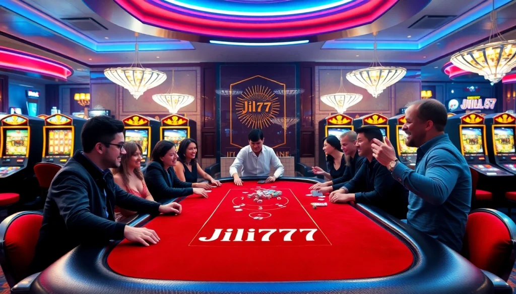 Experience the thrill at Jili777's vibrant casino tables with players celebrating thrilling wins.