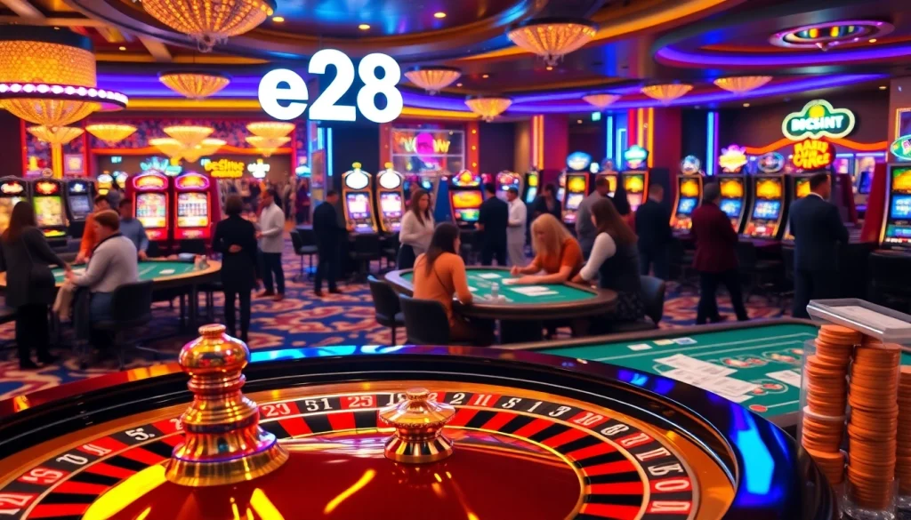 Experience the thrill of e28 gambling with vibrant poker tables and captivating casino activities.
