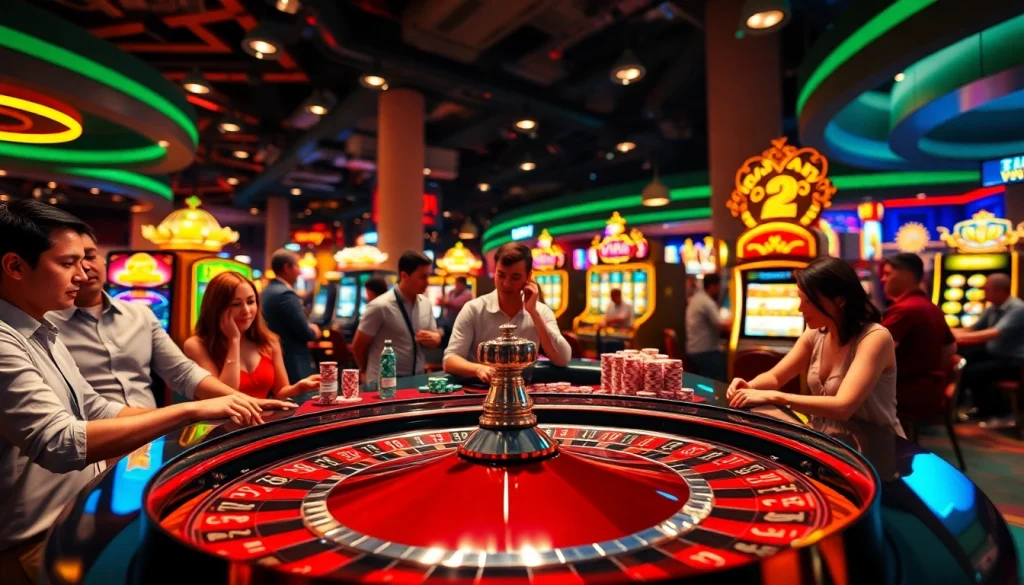 Thrilling gaming atmosphere at e28 casino with players betting at roulette.