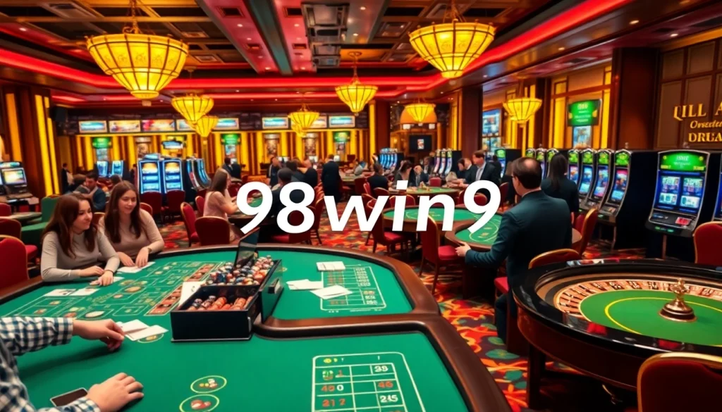 Experience an exciting moment at 98win9 casino, where players enjoy poker and roulette tables in a vibrant setting.