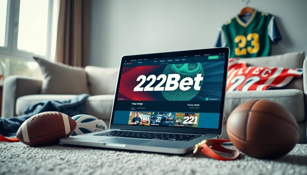 Engaging sports betting scene showing 22bet.tax on a laptop amidst sports memorabilia.
