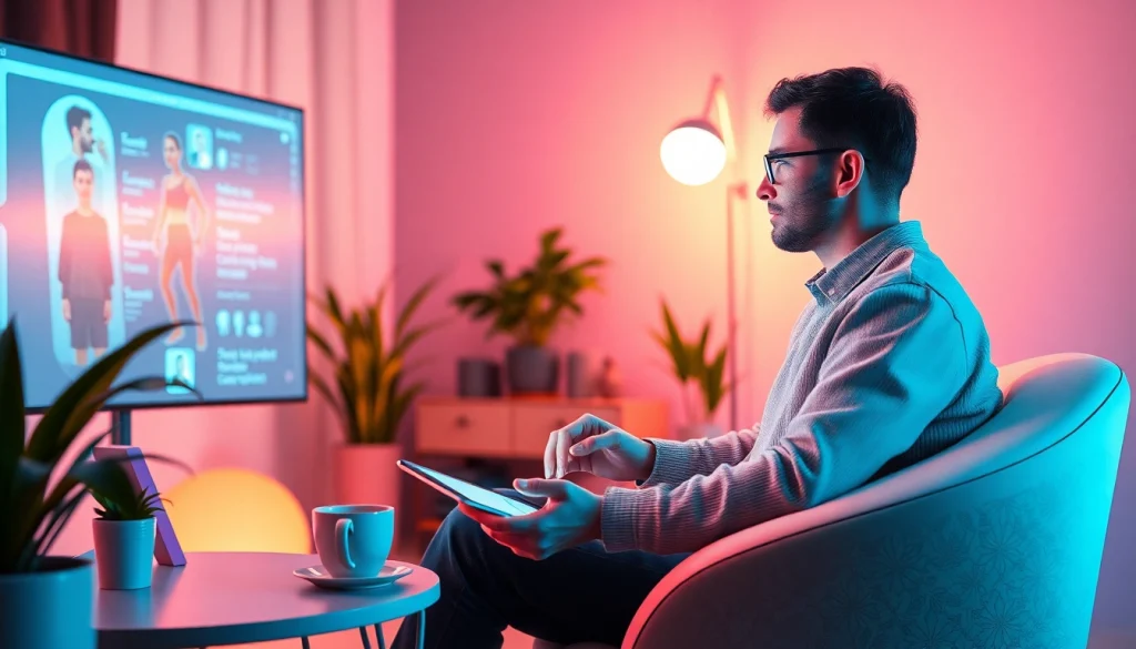 Engaging ai chat porn scene with a user interacting with a lifelike AI character in a cozy environment.