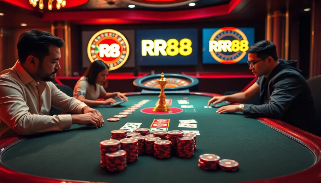 Engaging players at the RR88 casino table, showcasing vibrant poker chips and intense gameplay.
