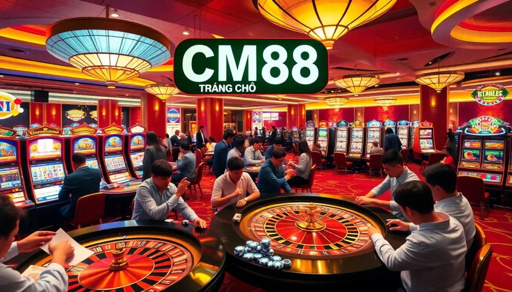 Experience the excitement of CM88 Trang Chủ with players enjoying roulette and slot games in a vibrant casino environment.