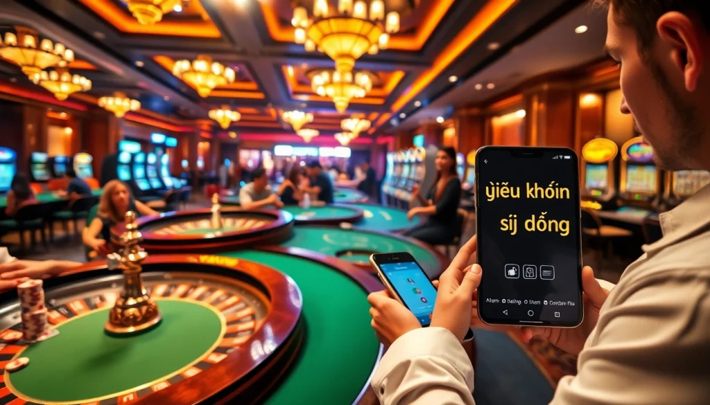 Highlighting Điều khoản sử dụng, a player engages with casino games amidst vibrant slot machines and tables.