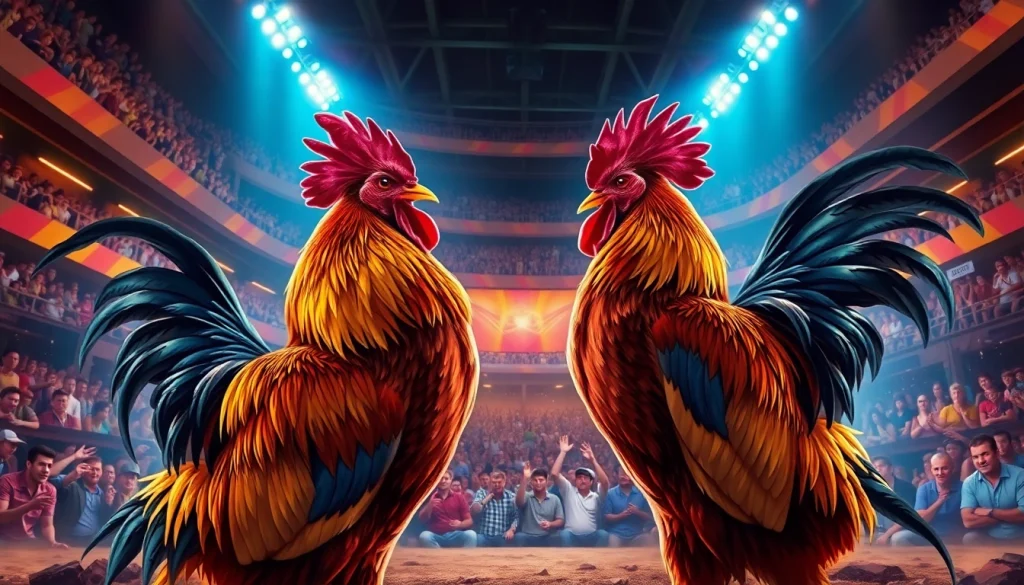 Engaging action scene of cockfighting at 69vn.rodeo, with powerful roosters competing in an energetic atmosphere.