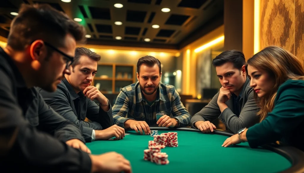 Engaged friends playing Online poker at a virtual table, showcasing strategy and excitement.