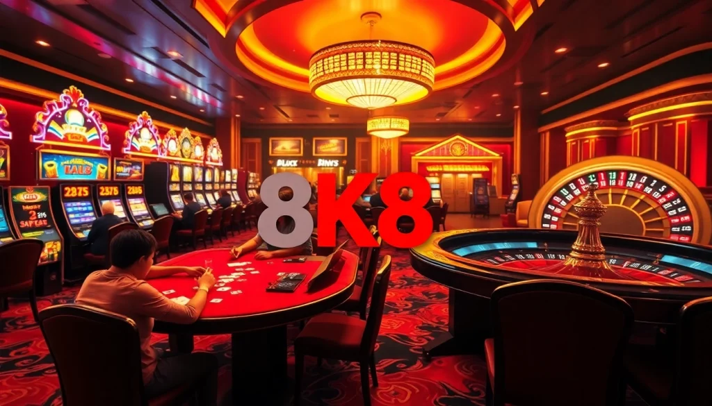 Experience the excitement of 8K8 at a bustling casino featuring poker tables, slot machines, and roulette wheels.