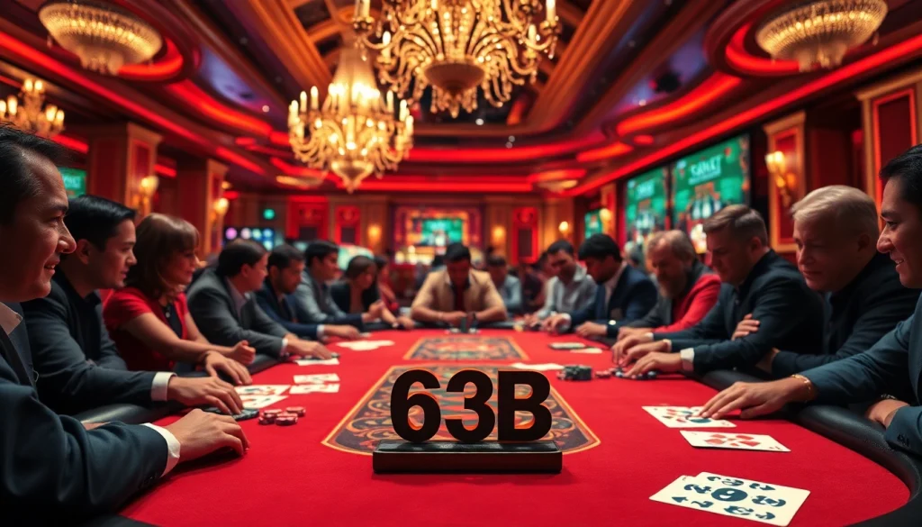Exciting poker game in a casino featuring intense players and vibrant 63B-themed chips.