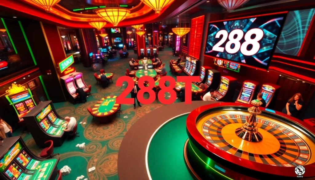 288T casino scene featuring vibrant slot machines and card tables with players engaged in high-stakes gambling.