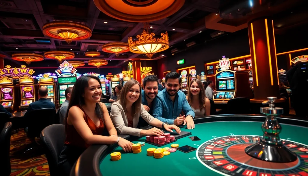 789P brings excitement to the casino floor with friends celebrating a winning poker hand amidst vibrant tables and slots.