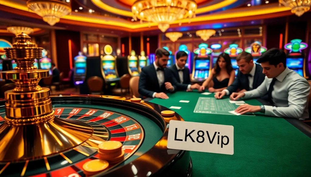 LK68Vip gaming excitement showcased in a vibrant casino with roulette, cards, and players enjoying their bets.